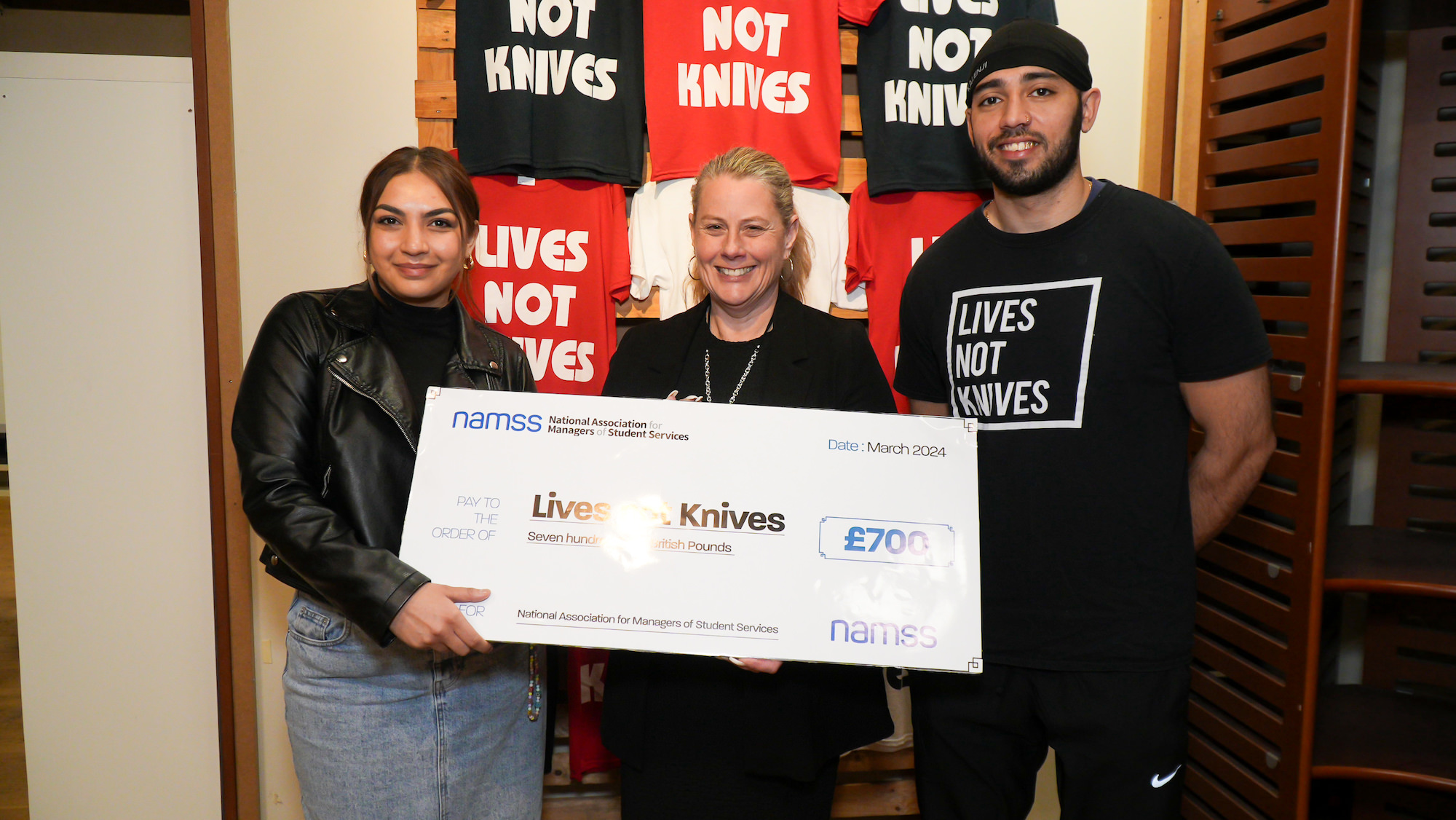 £700 donation cheque for Lives Not Knives